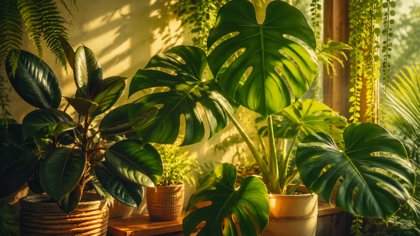 A cozy indoor garden with various tropical plants like Ficus and Monstera, showcasing warm temperatures and sunlight filtering through the leaves.