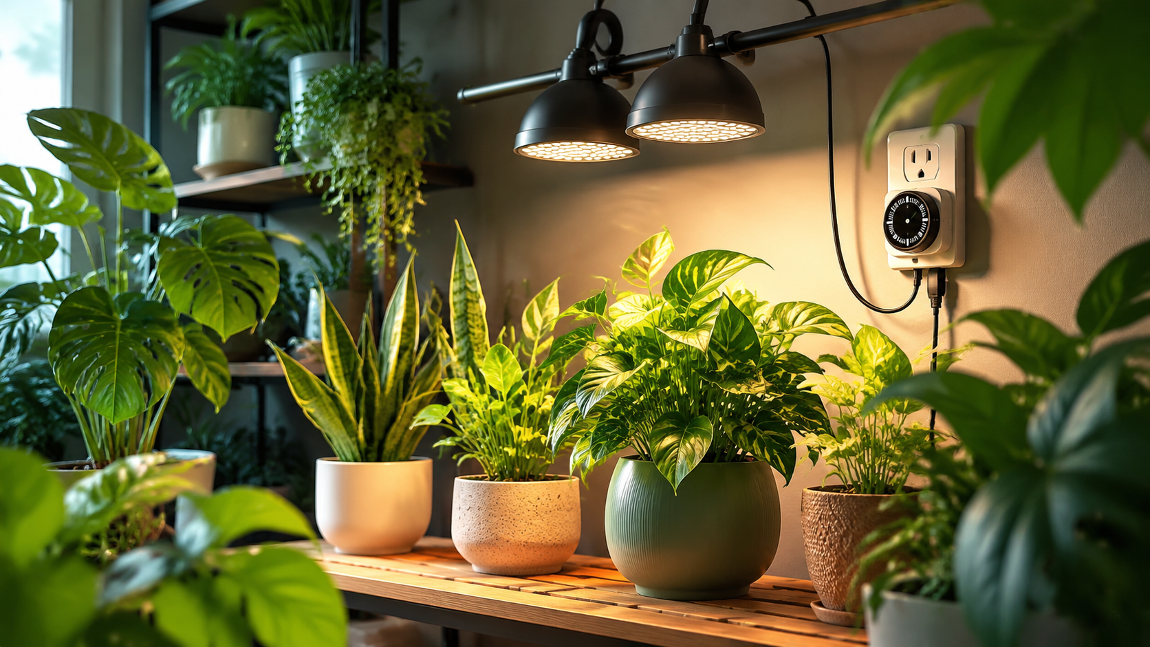 An image showing a well-organized indoor plant setup with proper light positioning and timers
