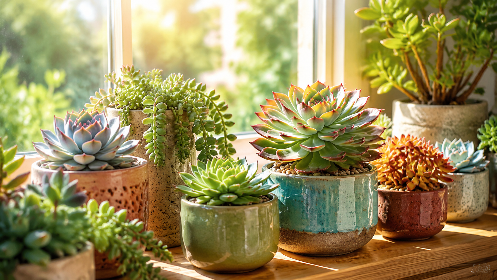 A bright indoor setting with succulents on a south-facing windowsill, showcasing sunlight streaming in.