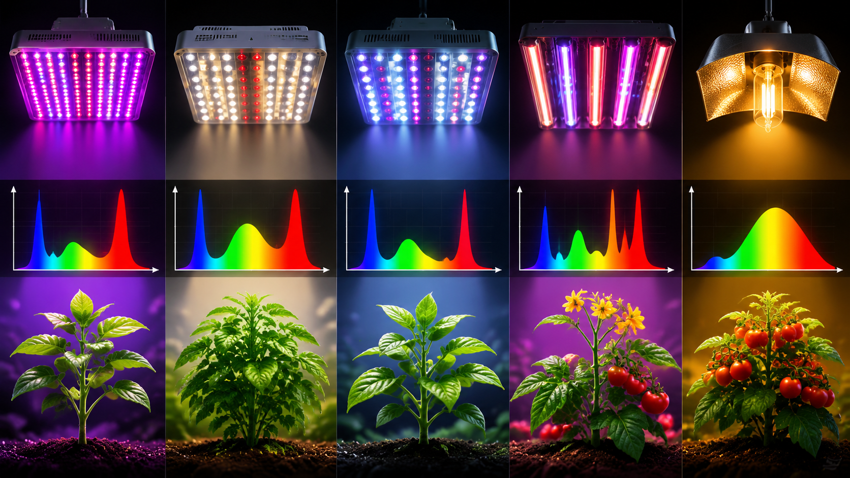 A diagram showing different types of grow lights with their light spectrum outputs and effects on plant growth