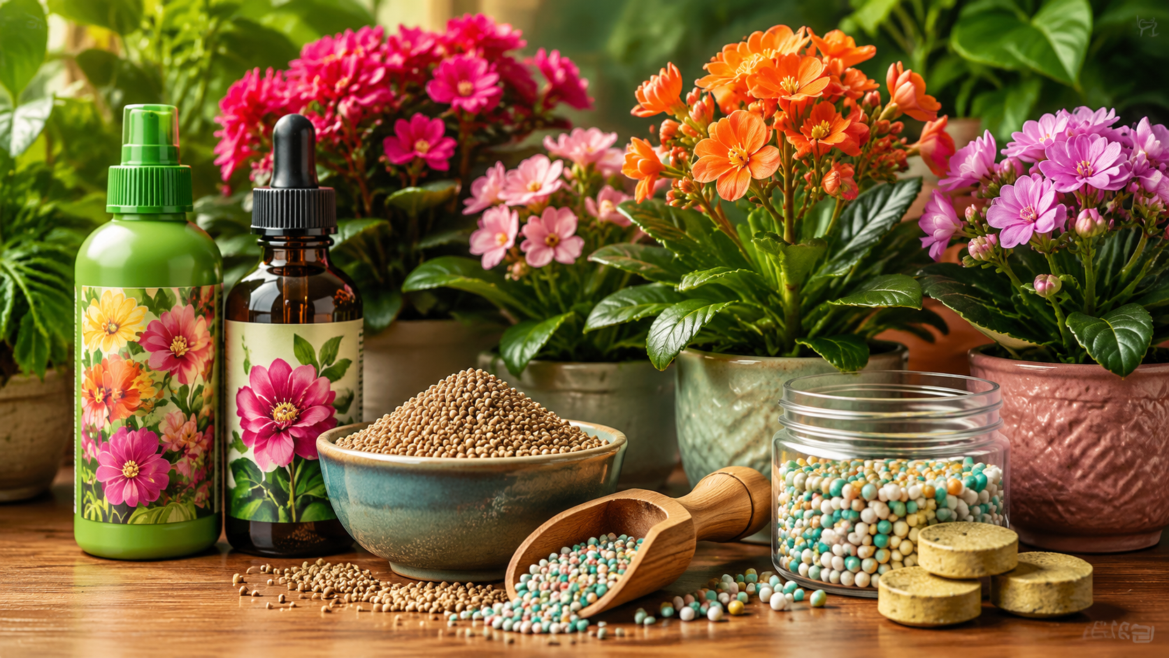 A detailed illustration showing different types of flowering plant fertilizers for indoor plants, including liquid, granular, and slow-release options.