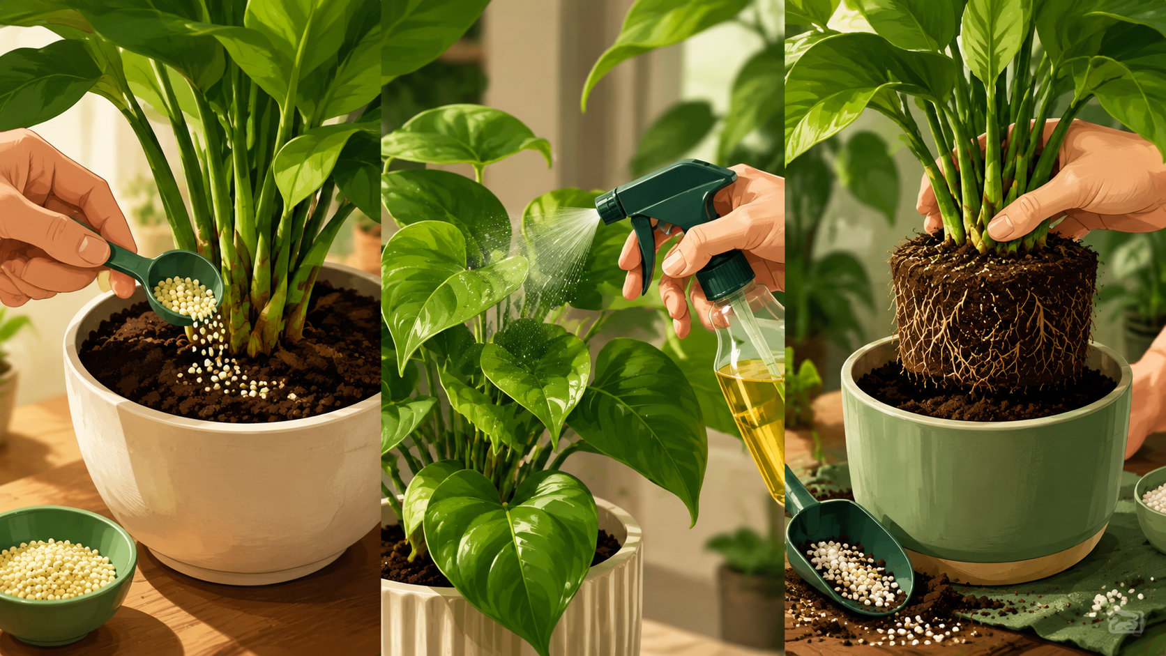 An illustration depicting the various methods of applying fertilizers to indoor plants, including root feeding, foliar feeding, and during repotting.